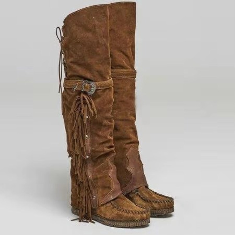 Tassel Fringe Trim - Новые женские сапоги-мокасины выше колена с